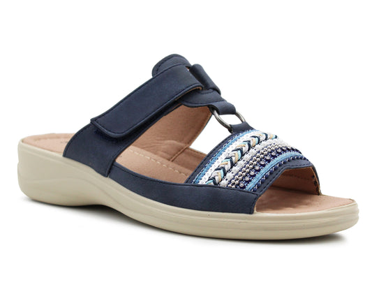 Womens Touch Fasten Sandals Low Wedge Diamante Open Toe Slip On Backless Ladies Summer Fashion Sandals in Navy