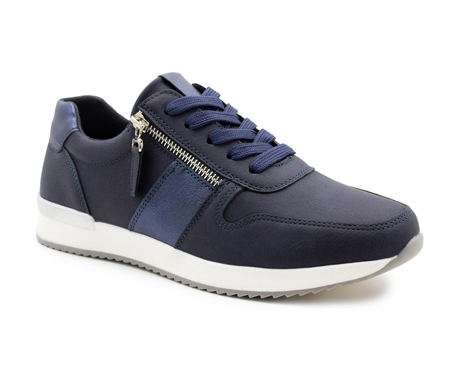 Womens Lace Up Trainers with Side Zip Fastening Ladies Fashion Sneaker Navy Metallic Casual Sports Shoes