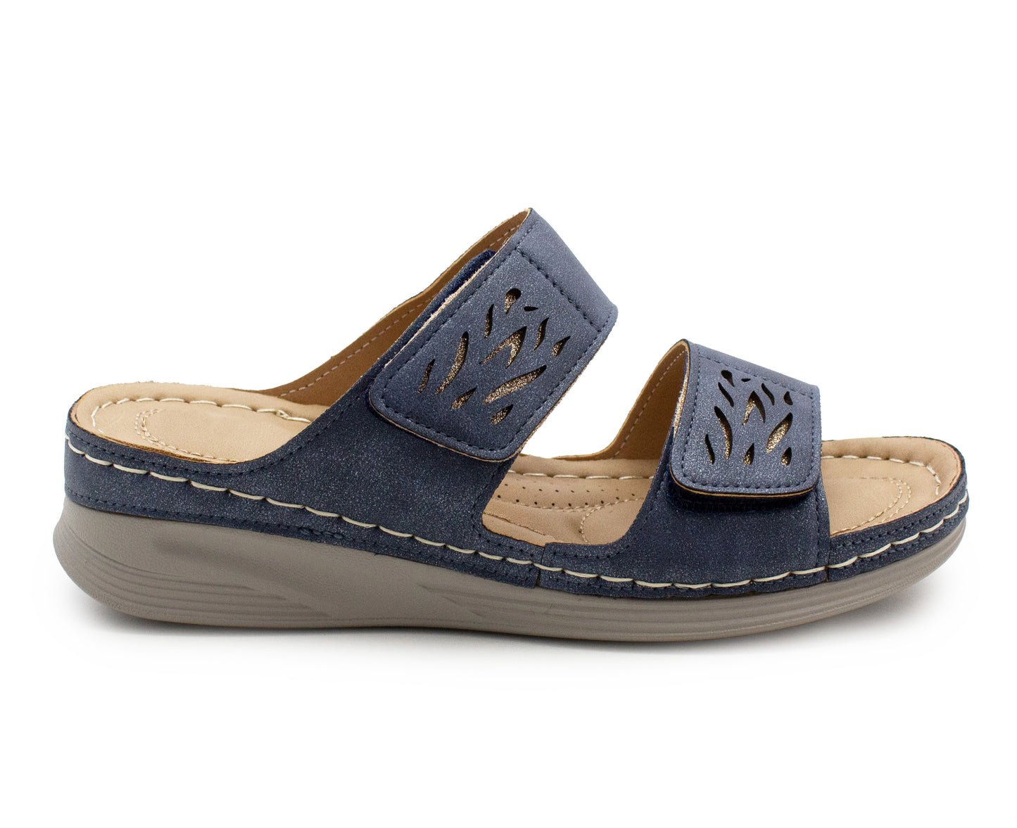 Womens Backless Sandals Touch Fasten Low Wedge Heel Open Toe Metallic Summer Ladies Fashion Sandal Beach Slides Shoes Navy