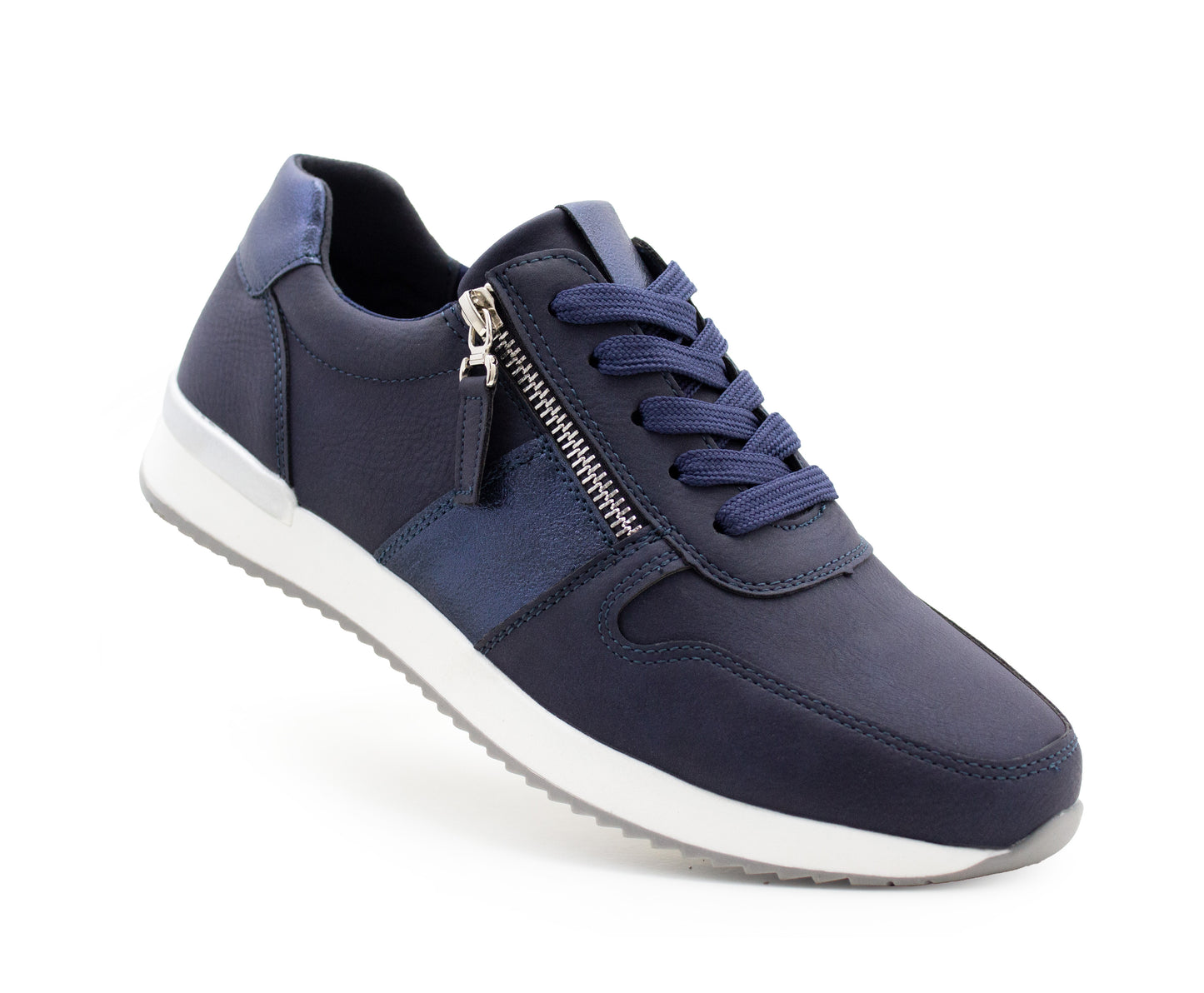 Womens Lace Up Trainers with Side Zip Fastening Ladies Fashion Sneaker Navy Metallic Casual Sports Shoes