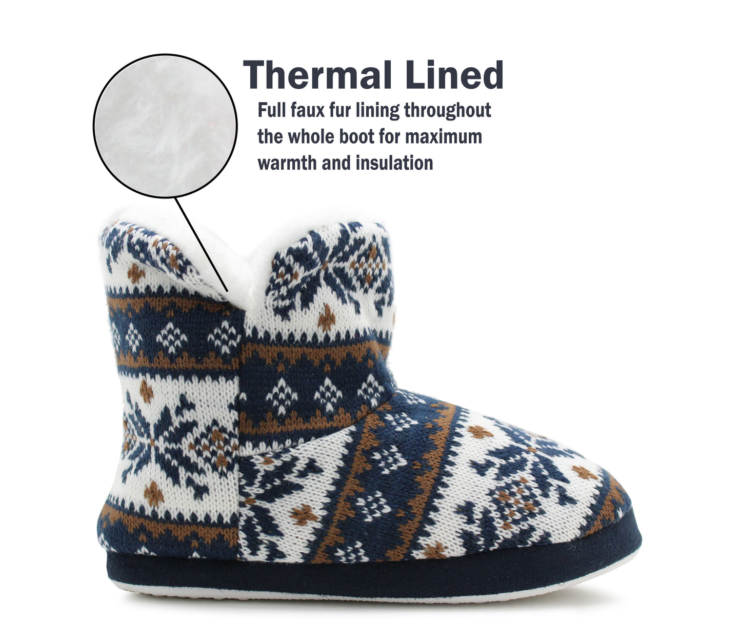 Womens Ankle Boot Slippers Knitted Navy Fair Isle Warm Faux Fur Lined Slip On Cosy Lightweight Snuggle Booties