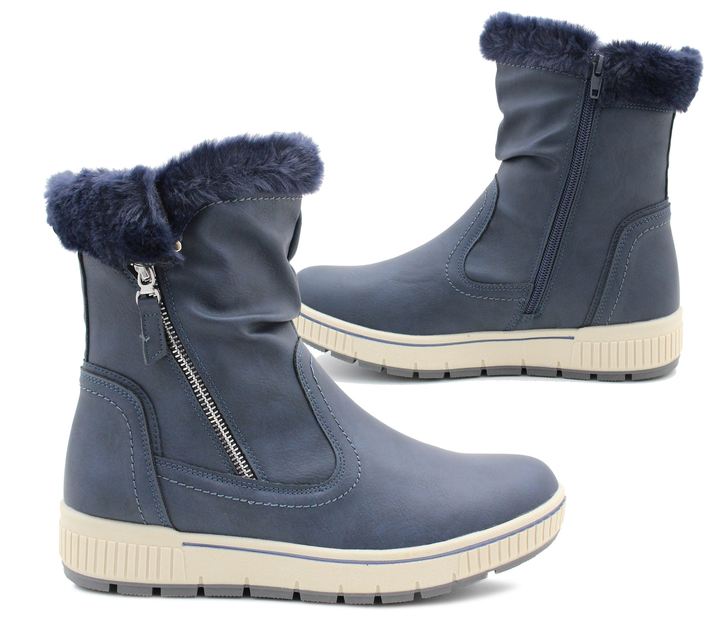 Womens Fur Lined Winter Boots Navy Zip Up Mid Calf Thermal Warm Lining Ladies Snow Boots