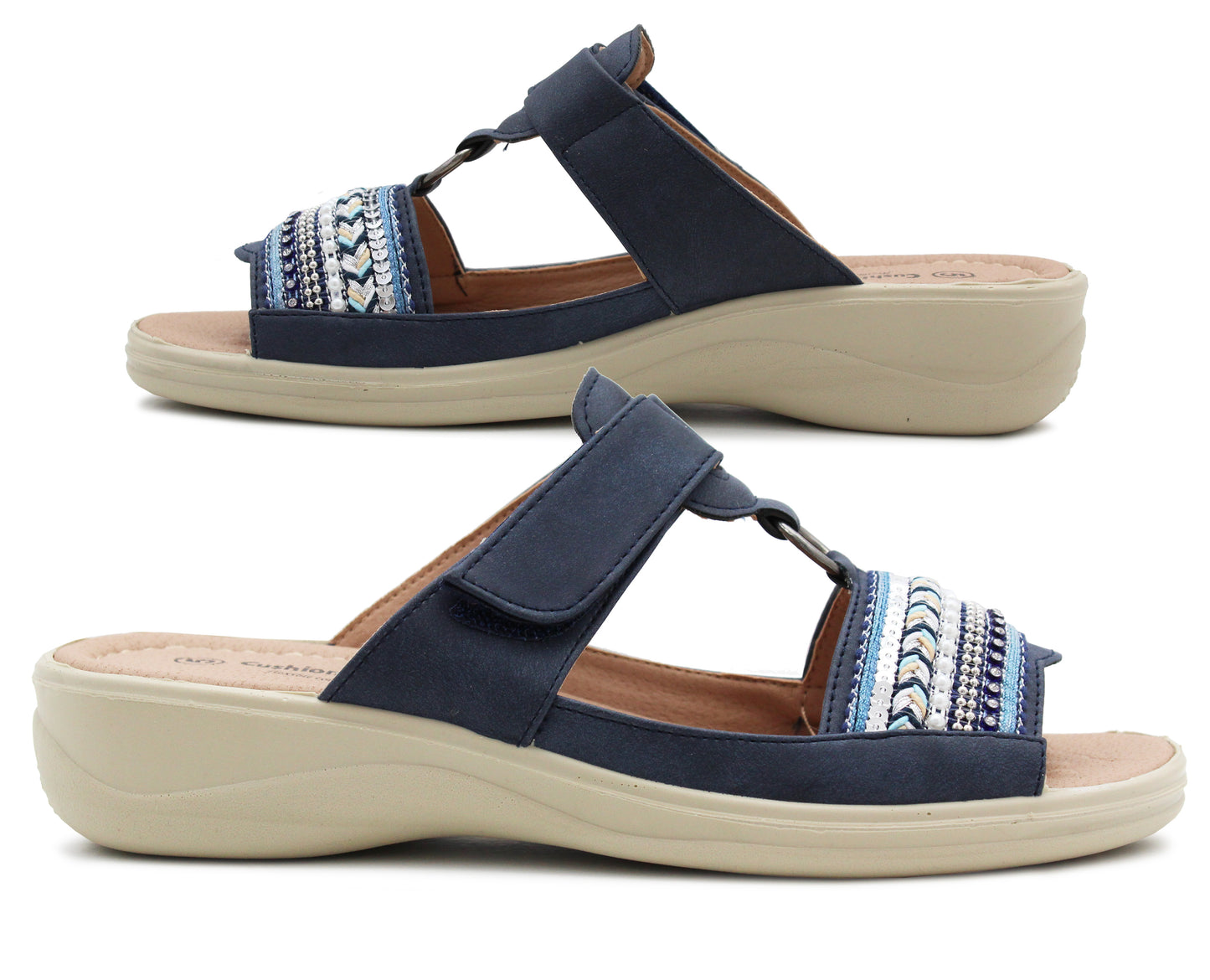 Womens Touch Fasten Sandals Low Wedge Diamante Open Toe Slip On Backless Ladies Summer Fashion Sandals in Navy