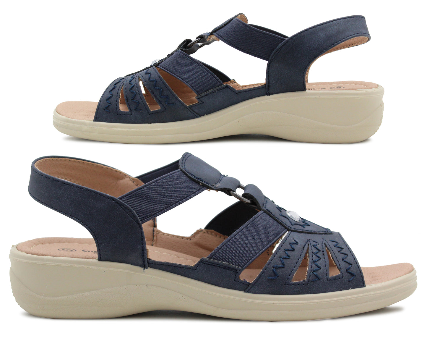 Womens Slip On Elasticated Sandals Low Wedge Heel Strap Ladies Casual Fashion Summer Beach Slingbacks in Navy