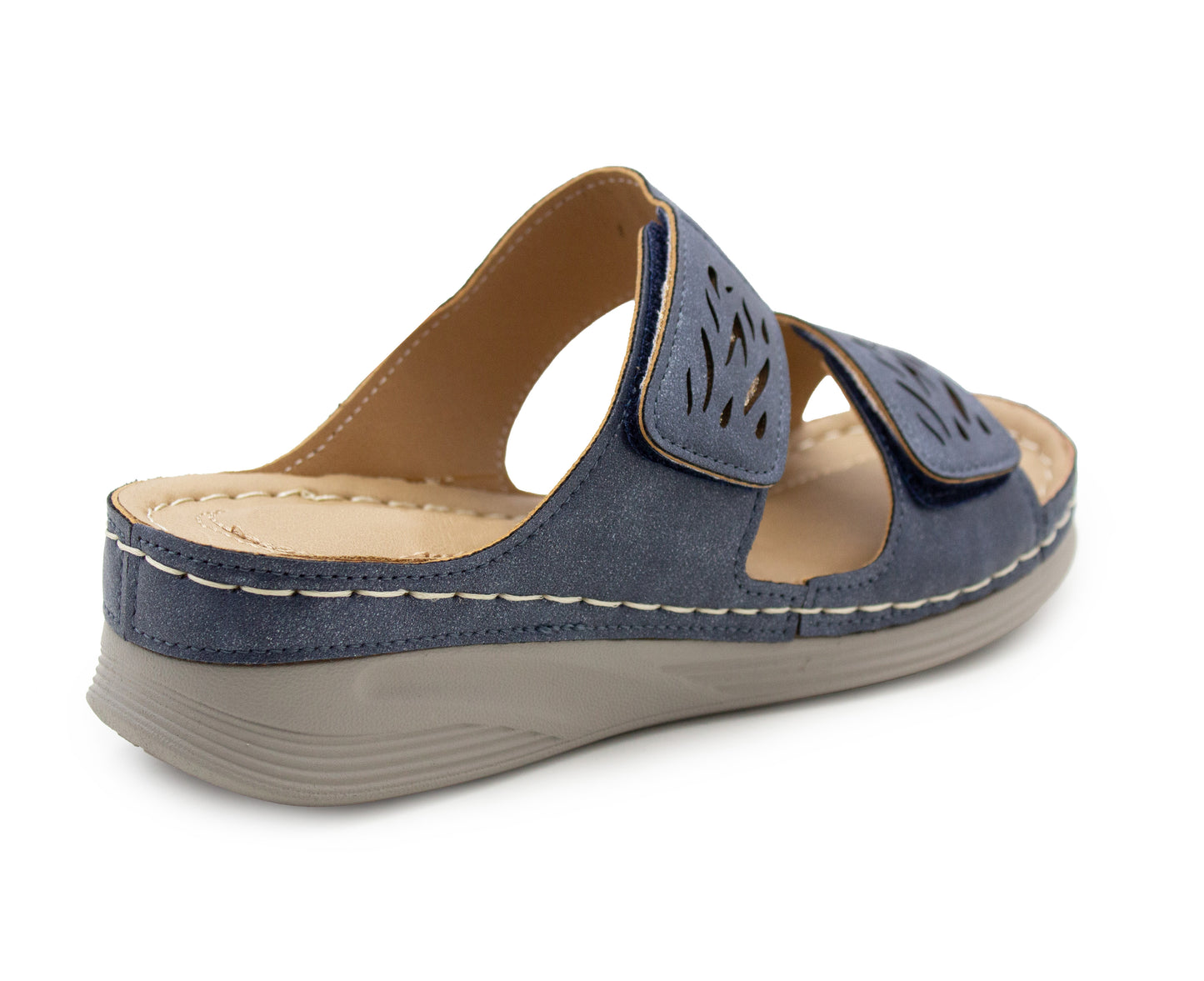 Womens Backless Sandals Touch Fasten Low Wedge Heel Open Toe Metallic Summer Ladies Fashion Sandal Beach Slides Shoes Navy
