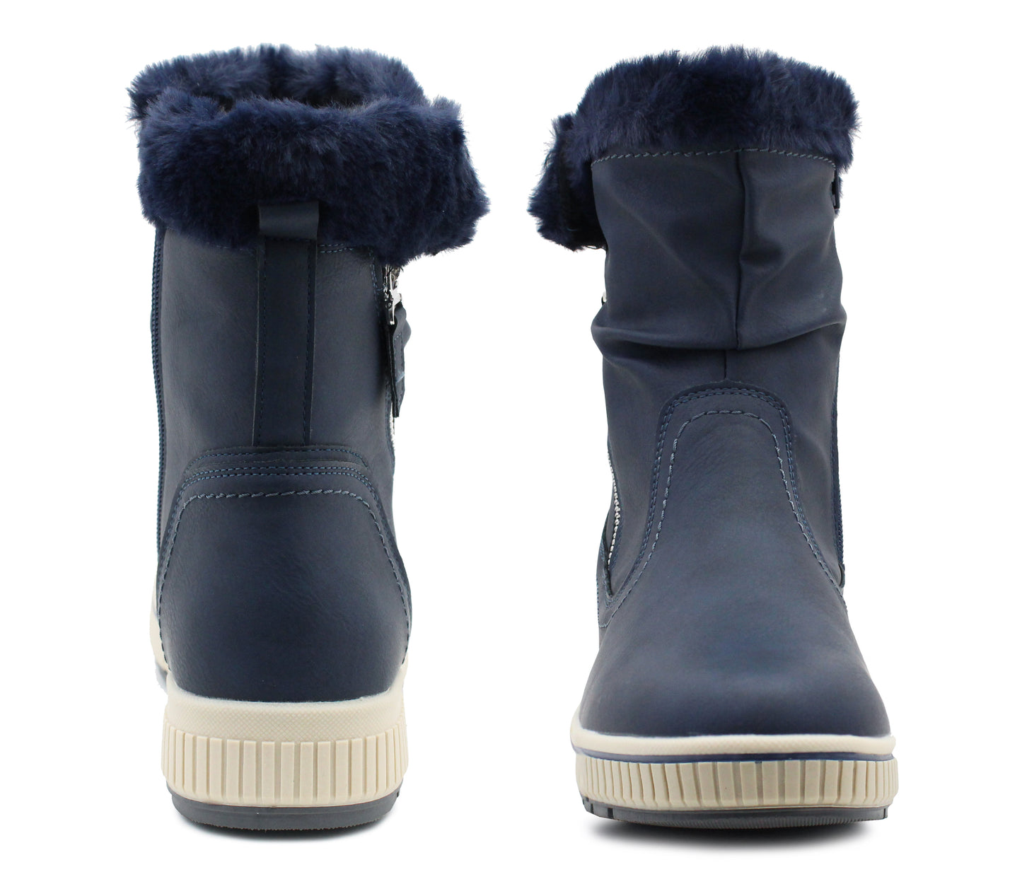 Womens Fur Lined Winter Boots Navy Zip Up Mid Calf Thermal Warm Lining Ladies Snow Boots