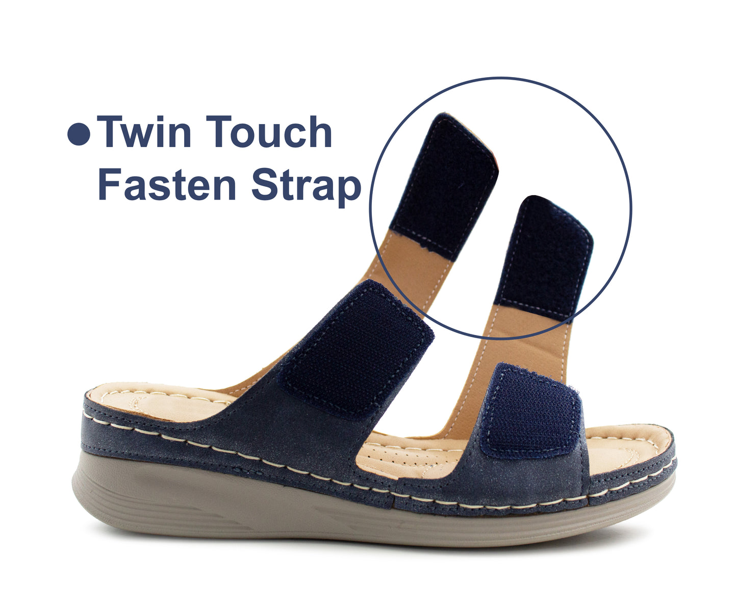 Womens Backless Sandals Touch Fasten Low Wedge Heel Open Toe Metallic Summer Ladies Fashion Sandal Beach Slides Shoes Navy