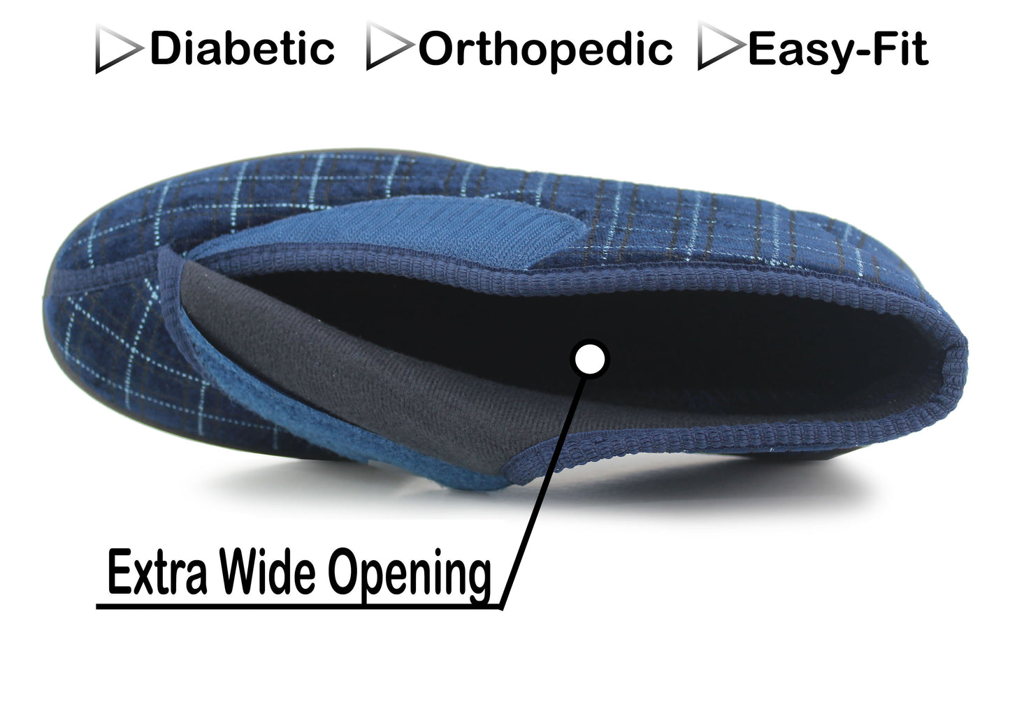 Mens Wide Opening Diabetic Orthopaedic Machine Washable Check Velour Touch Fasten Slippers