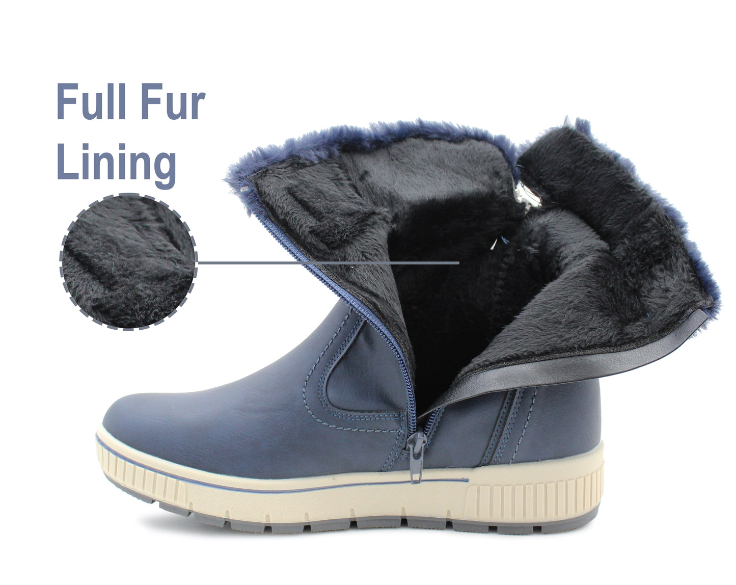 Womens Fur Lined Winter Boots Navy Zip Up Mid Calf Thermal Warm Lining Ladies Snow Boots