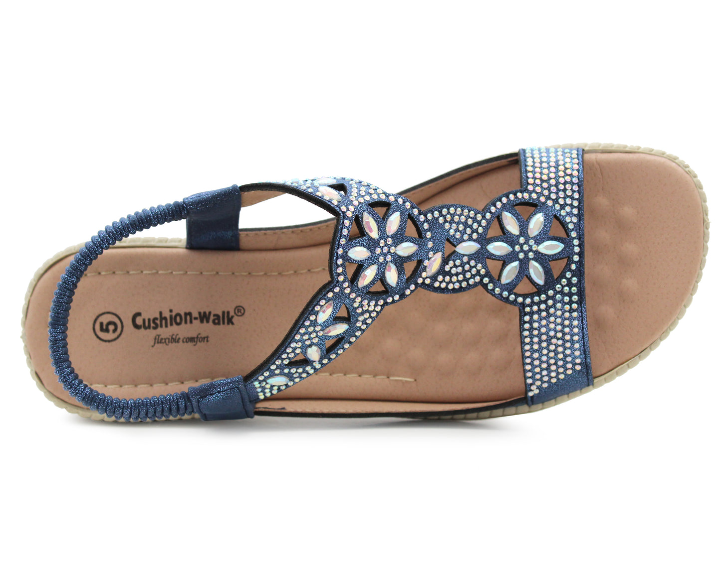 Womens Slingback Sandals Slip On Elastic Stretch Ladies Wedge Heel Navy Blue Diamante Summer Sandals