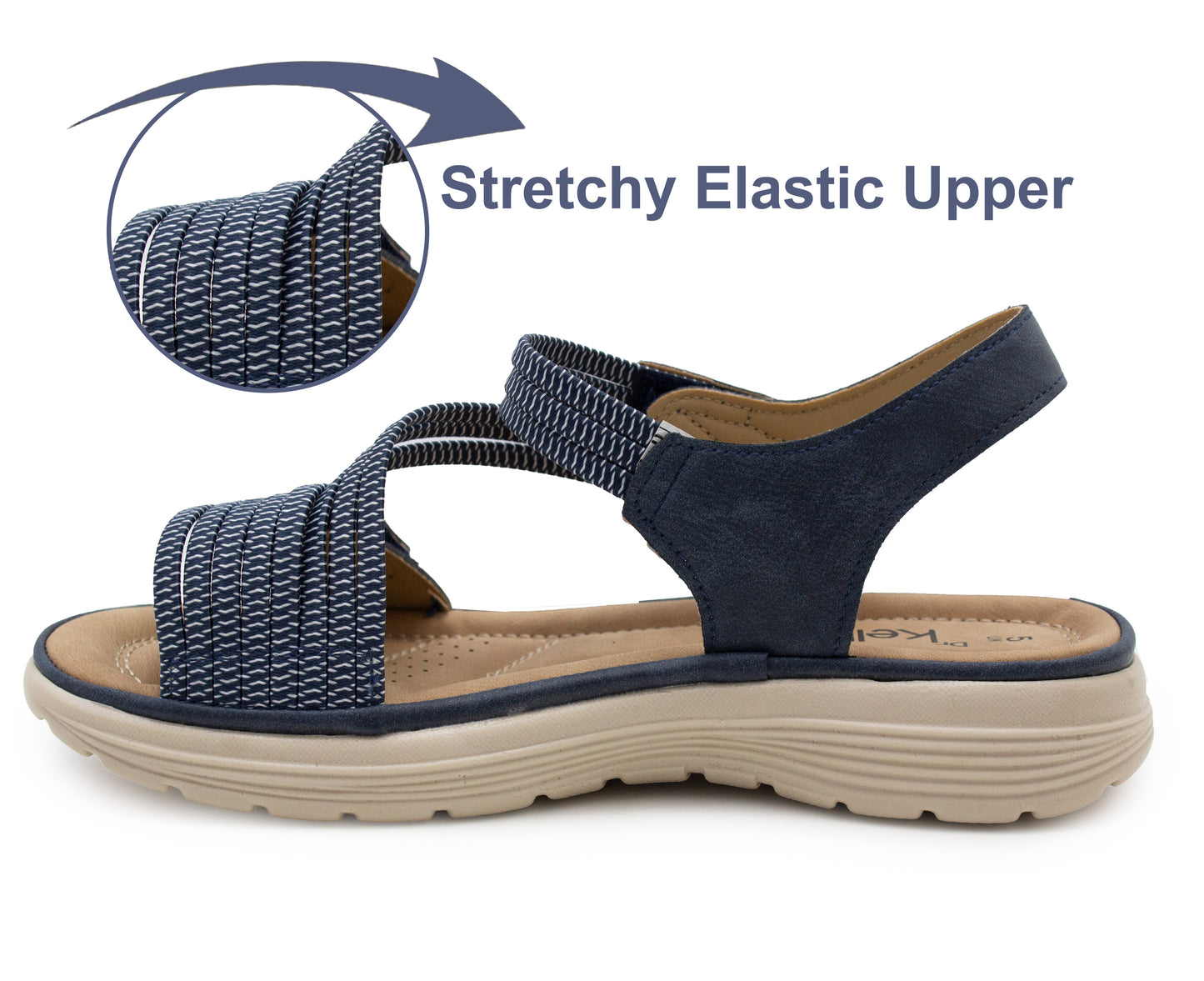 Womens Touch Fasten Sandals Lightweight Low Wedge Flat Slip On Open Toe Elastic Slingbacks Ladies Summer Casual Fashion Sandals Navy Blue