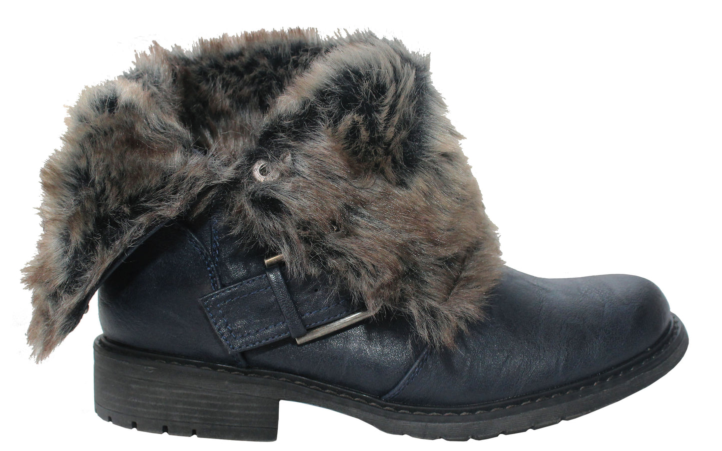 Cipriata Ladies Fold Down Faux Fur Lined Press Stud Buckle Winter Biker Ankle Navy Boots