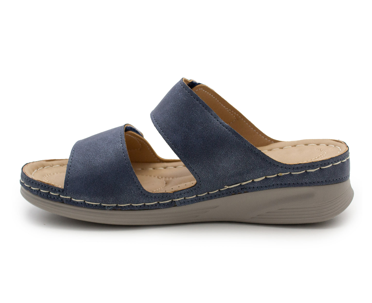 Womens Backless Sandals Touch Fasten Low Wedge Heel Open Toe Metallic Summer Ladies Fashion Sandal Beach Slides Shoes Navy