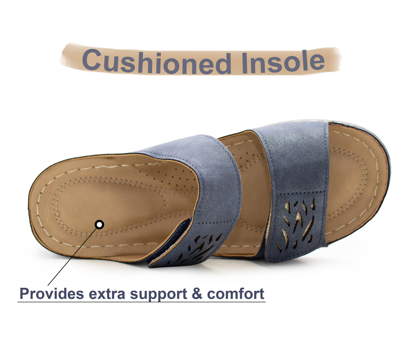 Womens Backless Sandals Touch Fasten Low Wedge Heel Open Toe Metallic Summer Ladies Fashion Sandal Beach Slides Shoes Navy