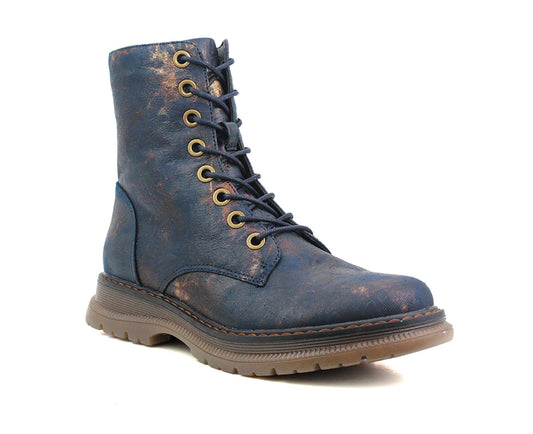 Womens Metallic Navy Bronze Combat Boots Ladies High Top Lace Up Side Zip Military Style Boots