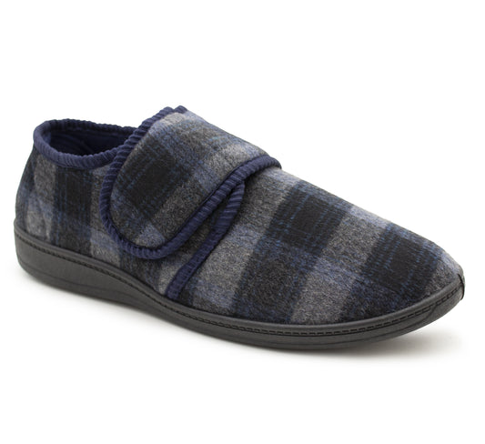 Mens Touch Fasten Slippers Navy Blue Check Felt Wide Opening House Shoes Casual Comfort Indoor Slipper
