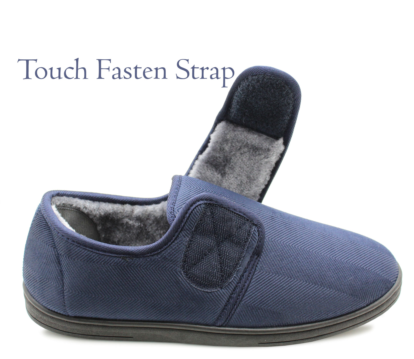 Mens Winter Slippers Navy Cord Faux Fur Lined Thermal Wide Opening Touch Fasten Slippers