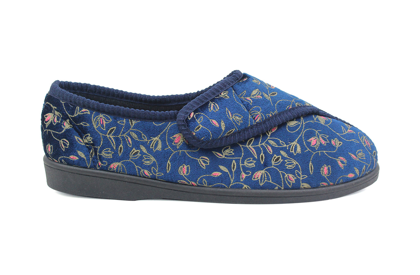 Womens Ladies Diabetic Orthopedic Washable Navy Floral Velour Comfort Wide Opening Touch Fasten Slippers