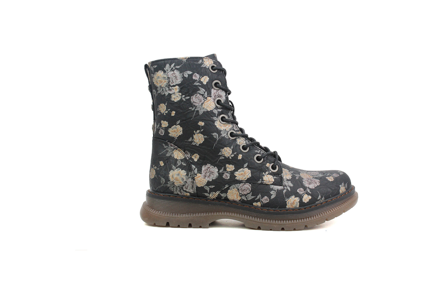 Womens Metallic Floral Black Combat Boots Ladies High Top Lace Up Side Zip Military Style Boots