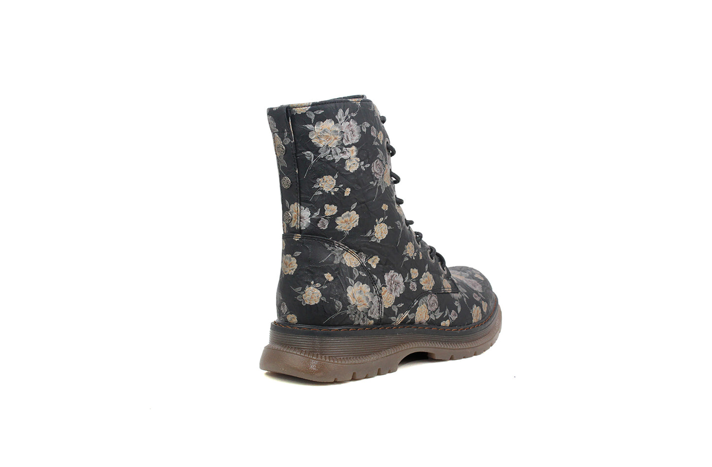 Womens Metallic Floral Black Combat Boots Ladies High Top Lace Up Side Zip Military Style Boots