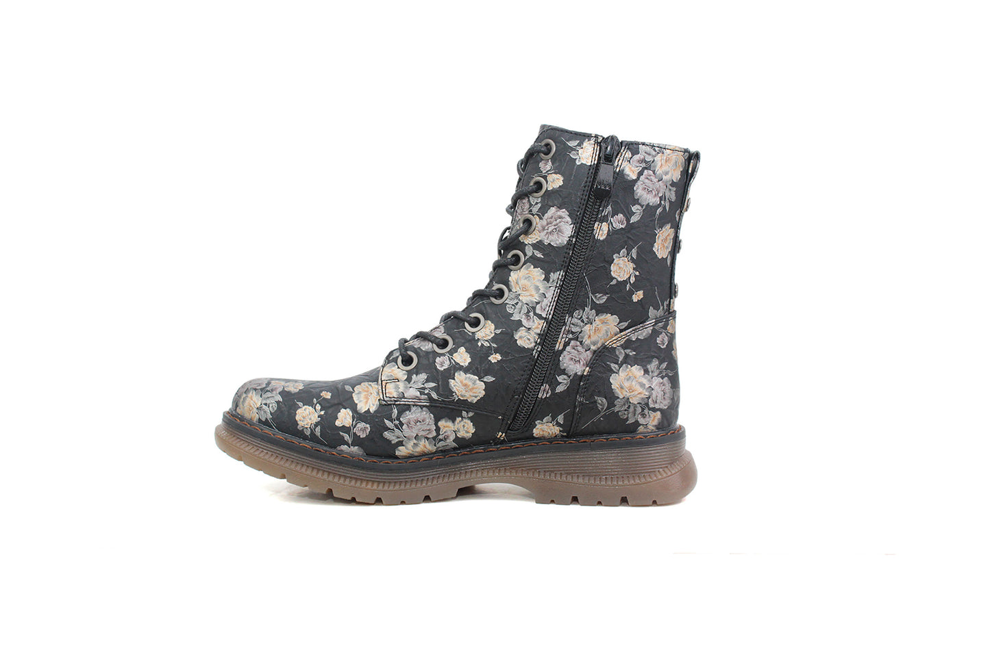 Womens Metallic Floral Black Combat Boots Ladies High Top Lace Up Side Zip Military Style Boots