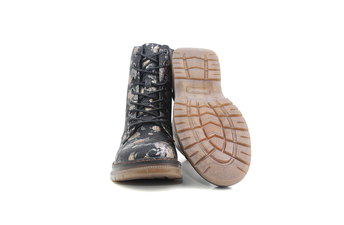 Womens Metallic Floral Black Combat Boots Ladies High Top Lace Up Side Zip Military Style Boots