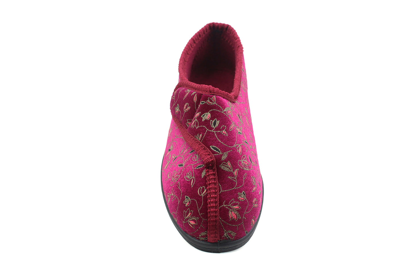 Womens Ladies Diabetic Orthopedic Washable Burgundy Floral Velour Comfort Wide Opening Touch Fasten Slippers