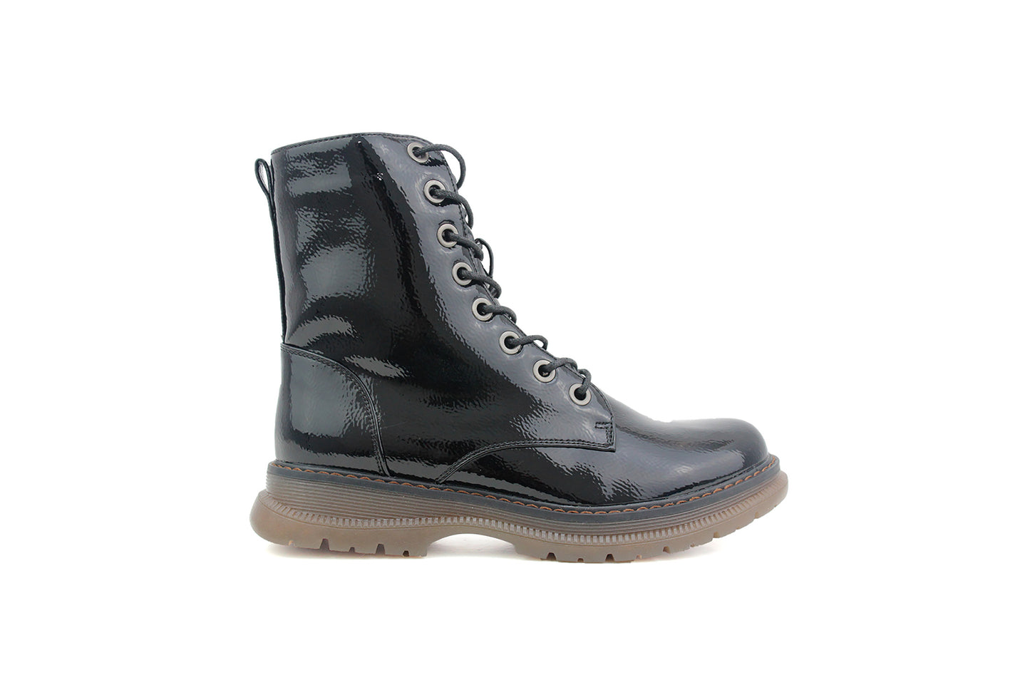 Womens Metallic Black Patent Combat Boots Ladies High Top Lace Up Side Zip Military Style Boots