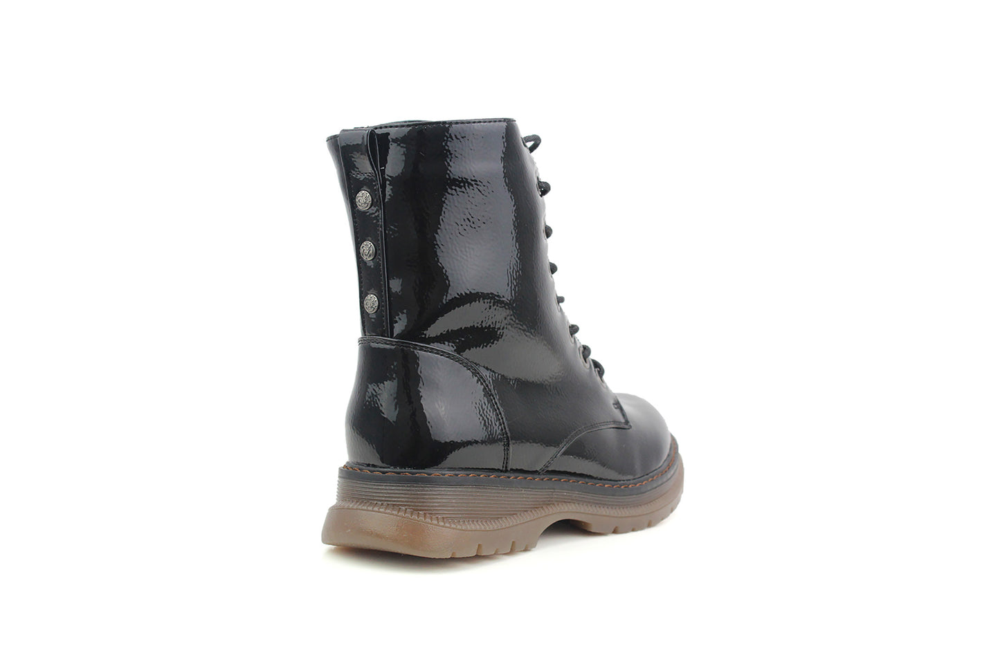 Womens Metallic Black Patent Combat Boots Ladies High Top Lace Up Side Zip Military Style Boots