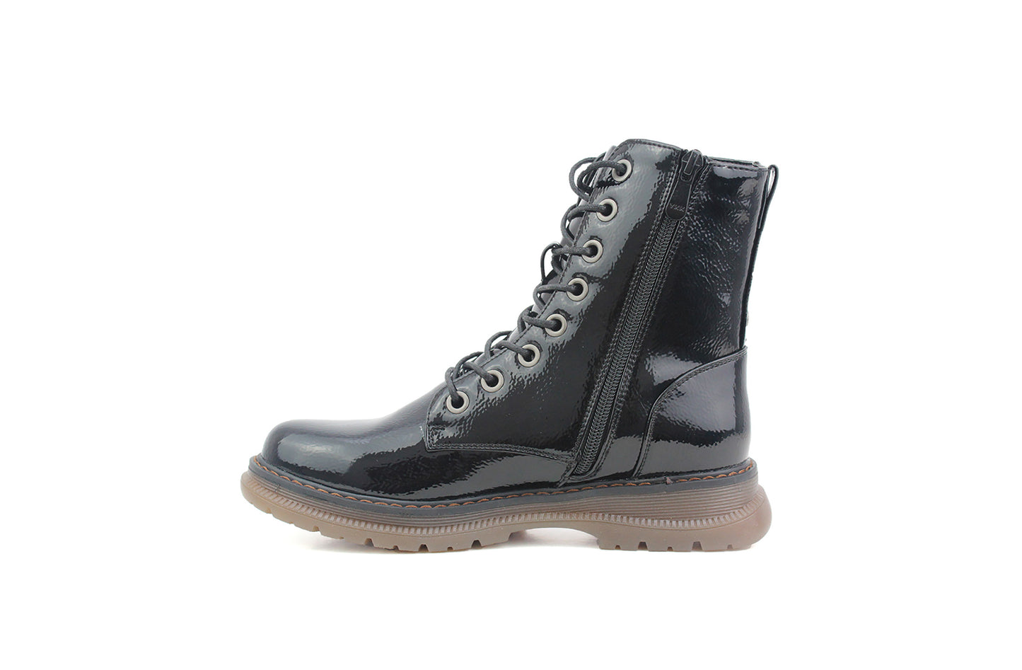 Womens Metallic Black Patent Combat Boots Ladies High Top Lace Up Side Zip Military Style Boots