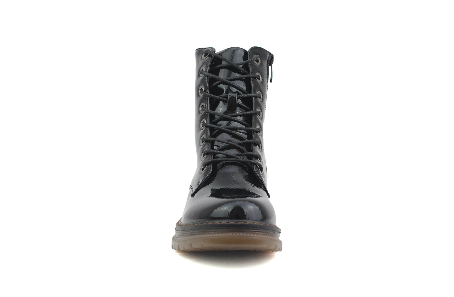 Womens Metallic Black Patent Combat Boots Ladies High Top Lace Up Side Zip Military Style Boots