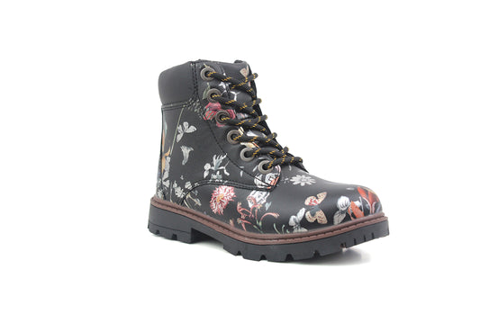 Girls Kids Metallic Floral Print Lace Up Size Zip Fashion Combat Boots UK 9 KIDS