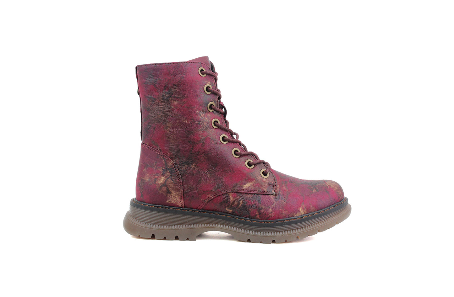Womens Metallic Burgundy Bronze Combat Boots Ladies High Top Lace Up Side Zip Military Style Boots