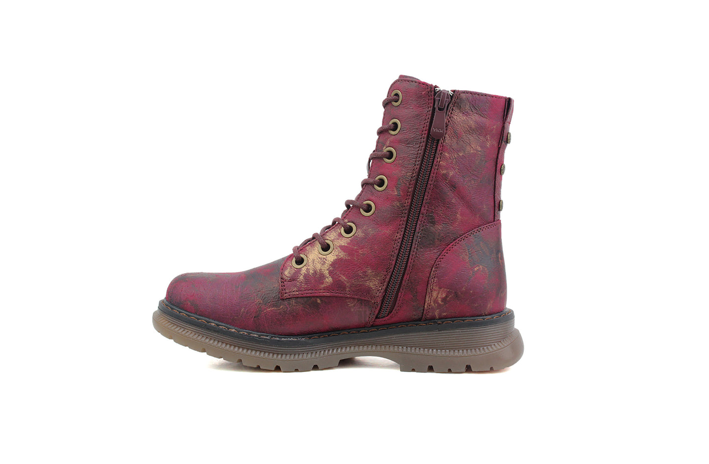 Womens Metallic Burgundy Bronze Combat Boots Ladies High Top Lace Up Side Zip Military Style Boots