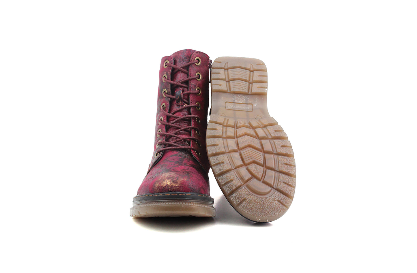Womens Metallic Burgundy Bronze Combat Boots Ladies High Top Lace Up Side Zip Military Style Boots