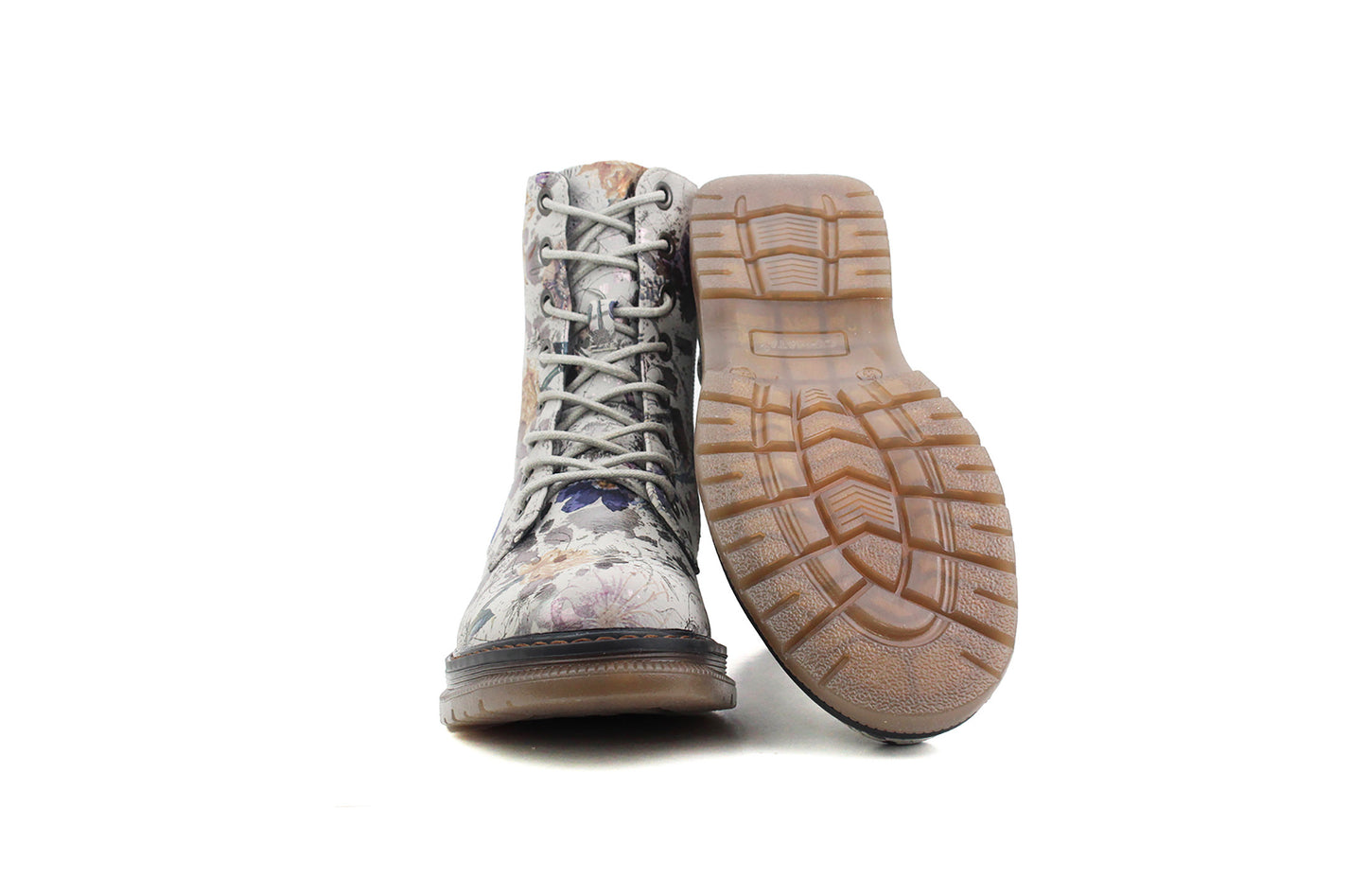 Womens Metallic Floral Grey Combat Boots Ladies High Top Lace Up Side Zip Military Style Boots