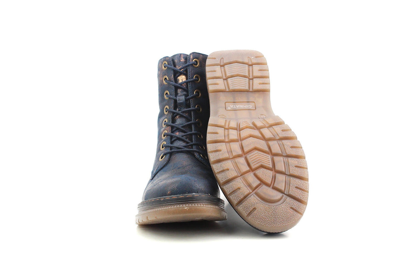 Womens Metallic Navy Bronze Combat Boots Ladies High Top Lace Up Side Zip Military Style Boots