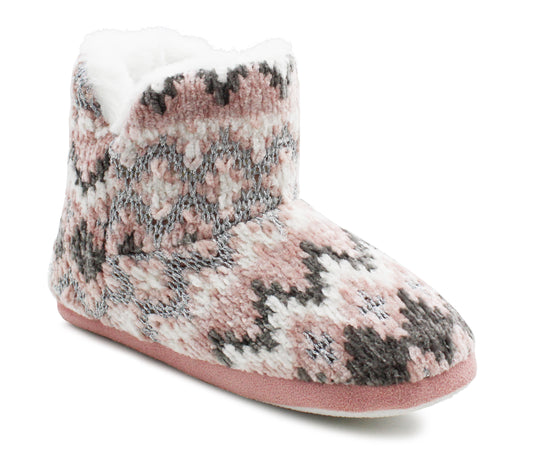 Womens Ankle Boot Slippers Knitted Pink Fair Isle Warm Faux Fur Lined Slip On Cosy Lightweight Snuggle Booties
