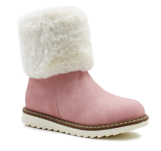 Girls Kids Pink Winter Ankle Boots Mid Calf Zip Up Warm Casual Youth Snow Boots