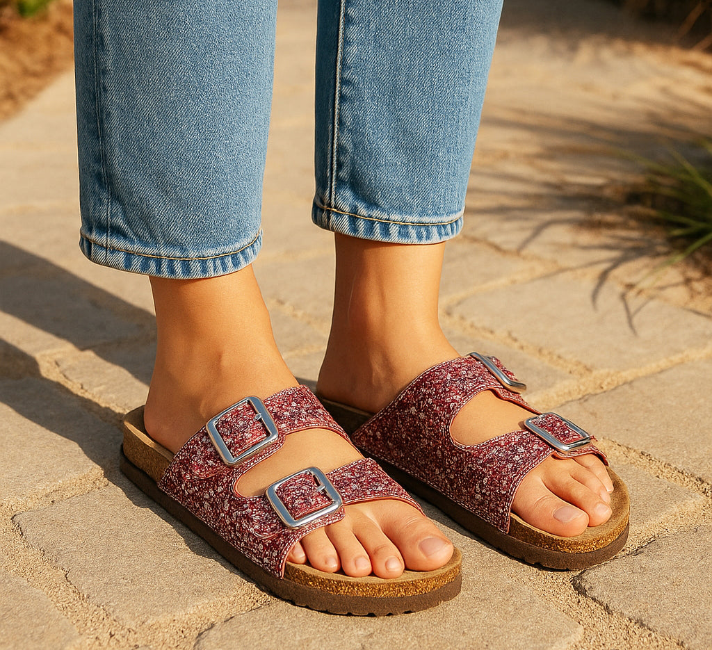 Womens Sandals Cork Footbed Pink Glitter Buckle Open Toe Slides Adjustable Straps Ladies Beach Slip On Backless Flat Casual Fashion Sandal