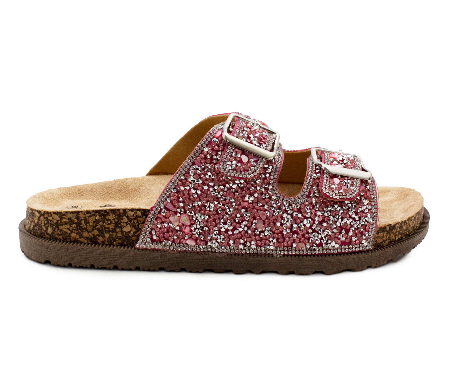 Womens Sandals Cork Footbed Pink Glitter Buckle Open Toe Slides Adjustable Straps Ladies Beach Slip On Backless Flat Casual Fashion Sandal