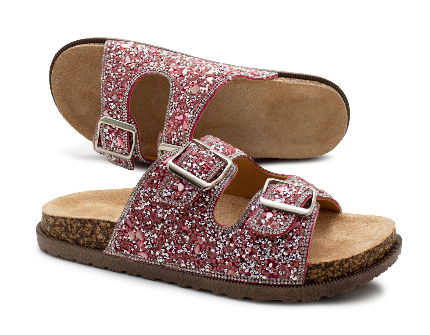 Womens Sandals Cork Footbed Pink Glitter Buckle Open Toe Slides Adjustable Straps Ladies Beach Slip On Backless Flat Casual Fashion Sandal