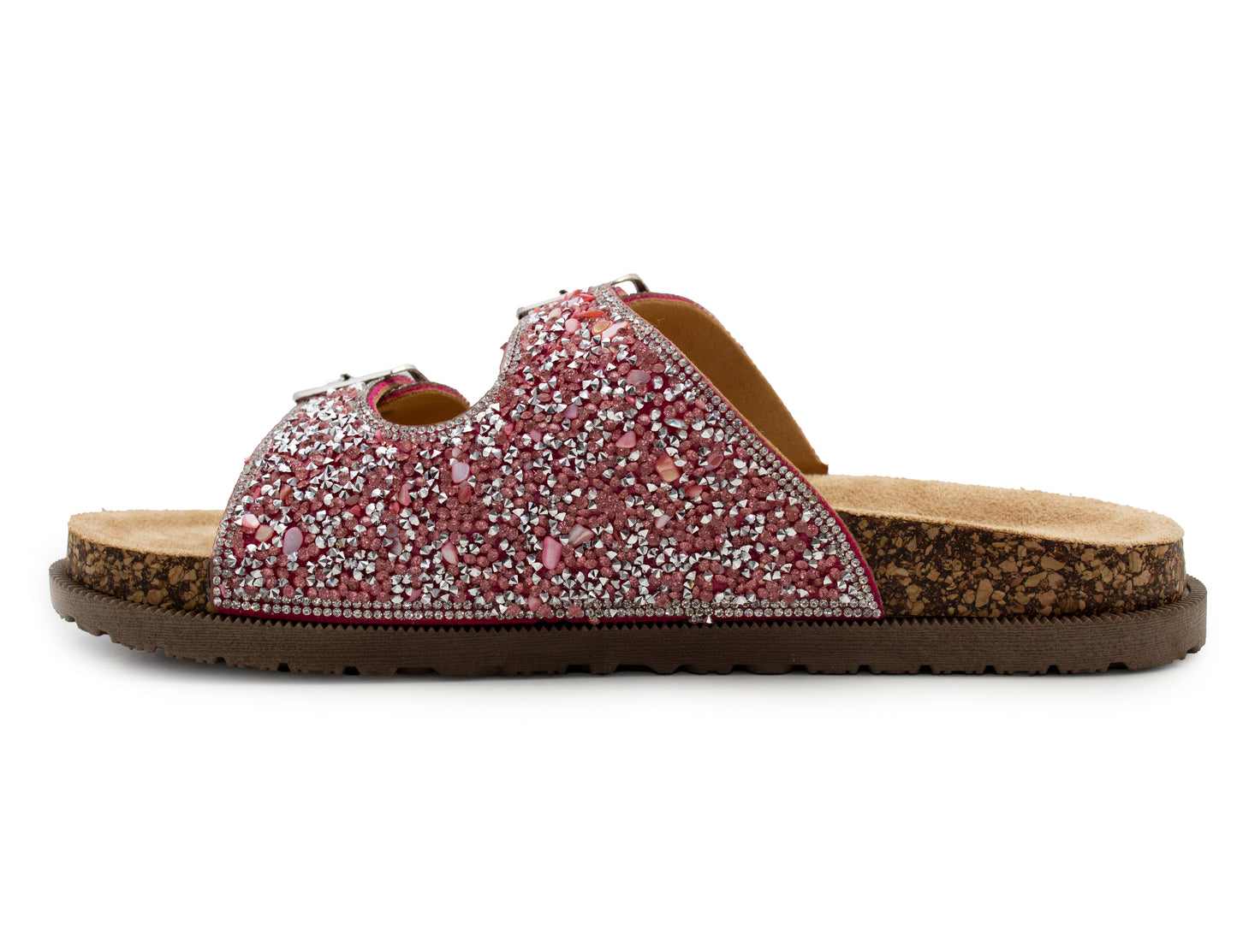 Womens Sandals Cork Footbed Pink Glitter Buckle Open Toe Slides Adjustable Straps Ladies Beach Slip On Backless Flat Casual Fashion Sandal