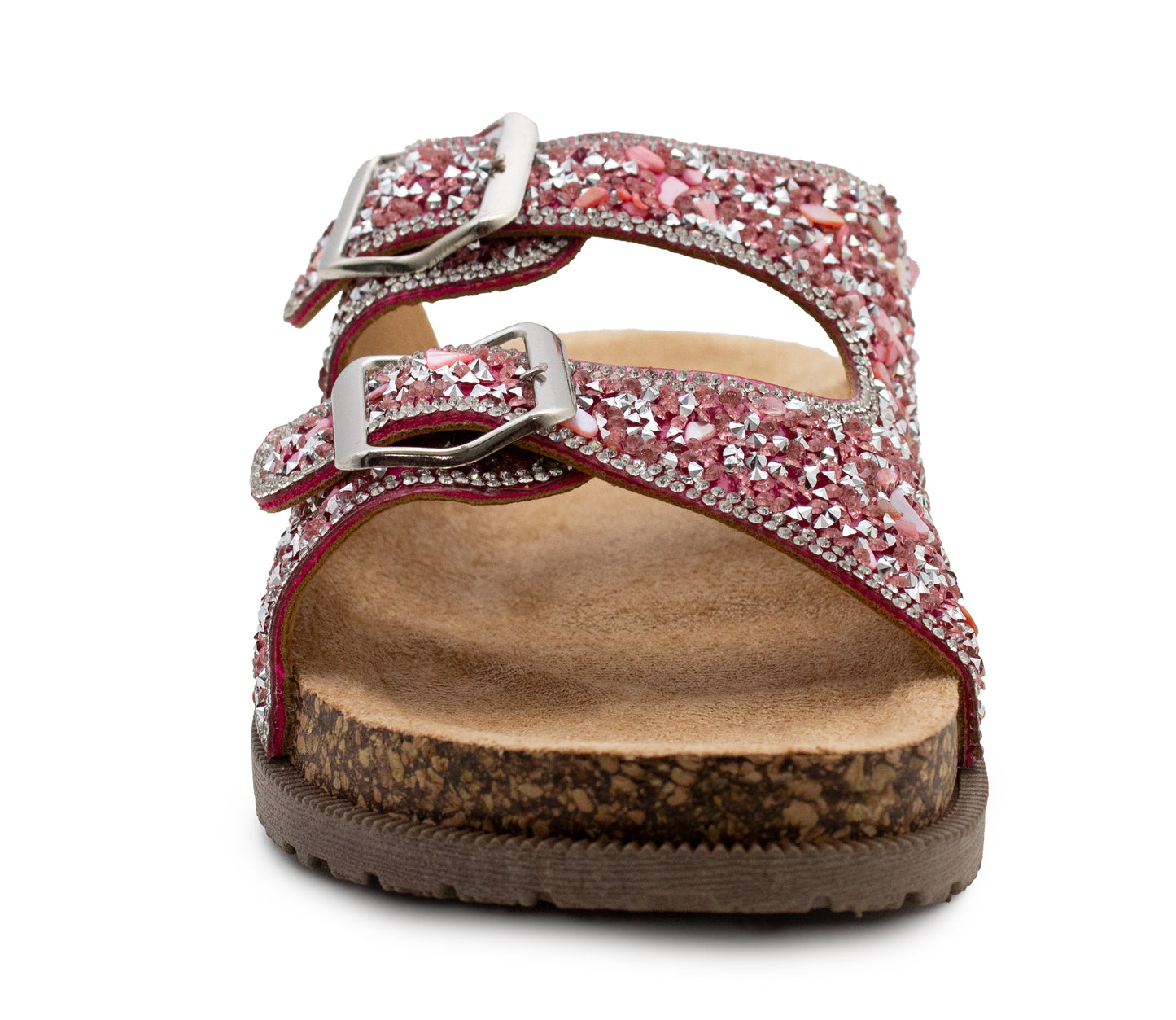Womens Sandals Cork Footbed Pink Glitter Buckle Open Toe Slides Adjustable Straps Ladies Beach Slip On Backless Flat Casual Fashion Sandal