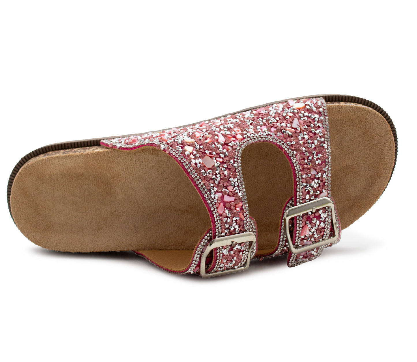 Womens Sandals Cork Footbed Pink Glitter Buckle Open Toe Slides Adjustable Straps Ladies Beach Slip On Backless Flat Casual Fashion Sandal
