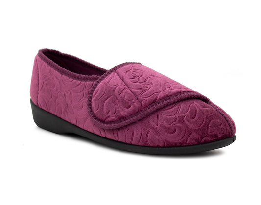 Womens Wide Opening Slippers Burgundy Velour Touch Fasten Diabetic Orthopaedic Slip On House Shoes Flat Comfort Bedroom Shoes