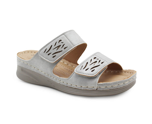 Womens Backless Sandals Touch Fasten Low Wedge Heel Open Toe Metallic Summer Ladies Fashion Sandal Beach Slides Shoes Silver