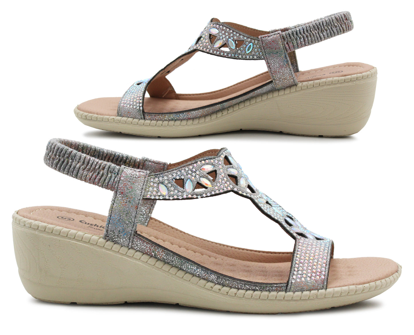 Womens Slingback Sandals Slip On Elastic Stretch Ladies Wedge Heel Pewter Diamante Summer Sandals
