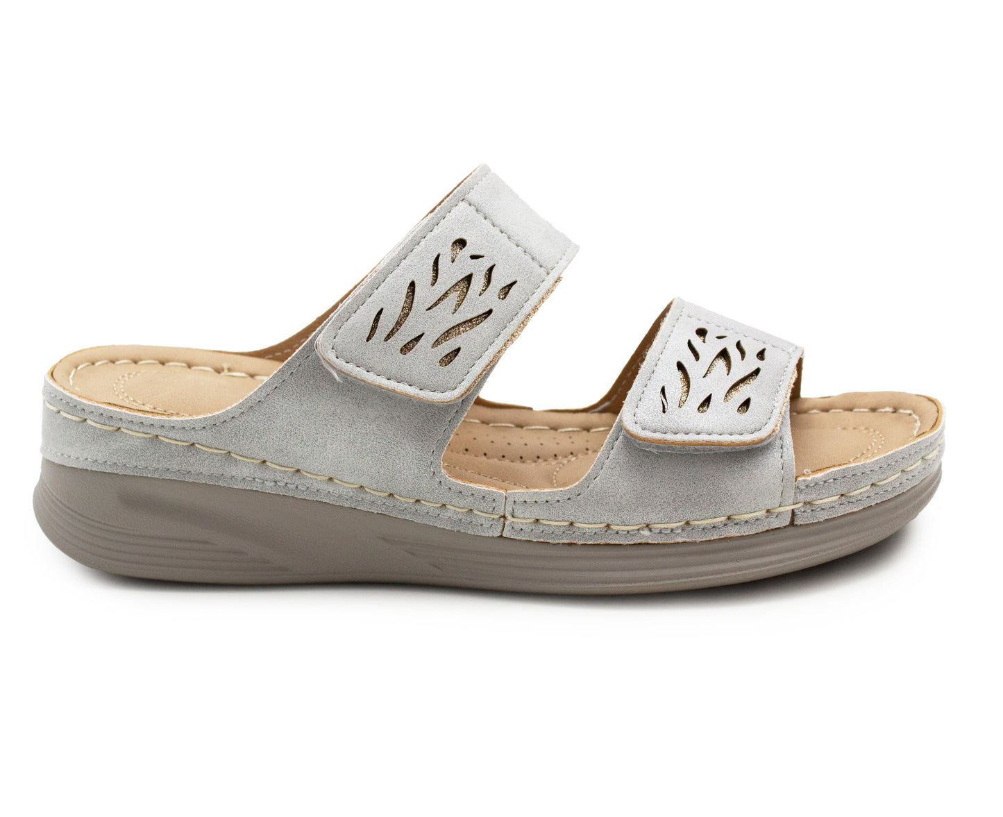 Womens Backless Sandals Touch Fasten Low Wedge Heel Open Toe Metallic Summer Ladies Fashion Sandal Beach Slides Shoes Silver
