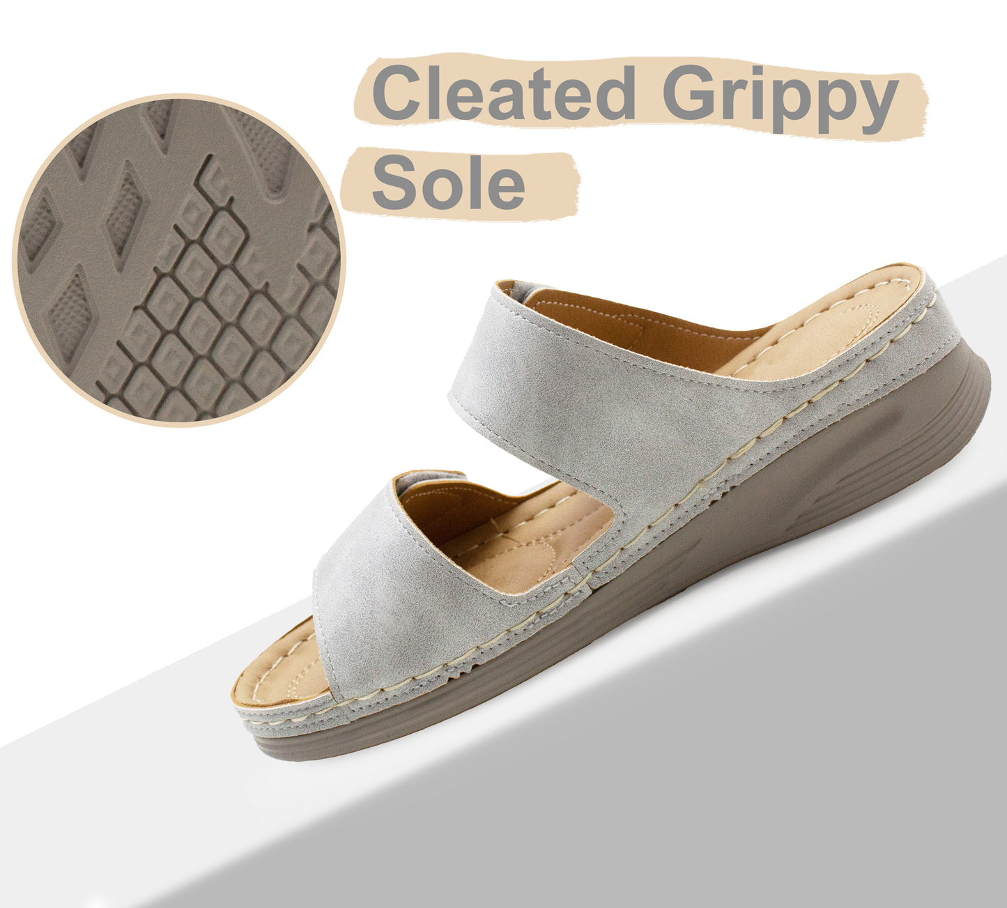 Womens Backless Sandals Touch Fasten Low Wedge Heel Open Toe Metallic Summer Ladies Fashion Sandal Beach Slides Shoes Silver